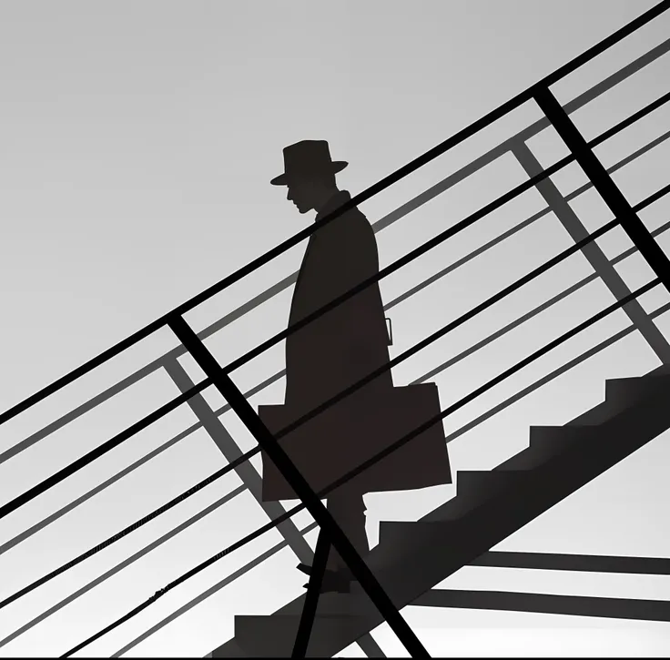 Alafeid silhouette of a man walking up the stairs, noir animation, he is traversing a shadowy city, noir film still, drawn in a neo - noir style, inspired by Emiliano Ponzi, art in a noir crime novel style, coming down the stairs, author：Emiliano Ponz, noi...