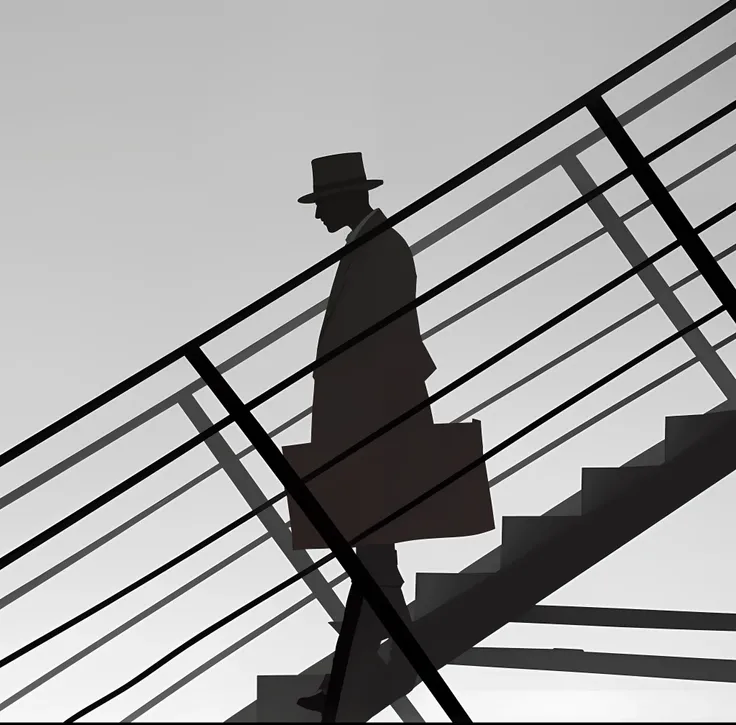 Alafeid silhouette of a man walking up the stairs, noir animation, he is traversing a shadowy city, noir film still, drawn in a neo - noir style, inspired by Emiliano Ponzi, art in a noir crime novel style, coming down the stairs, author：Emiliano Ponz, noi...