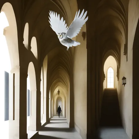 white owl flying in the castle corridors