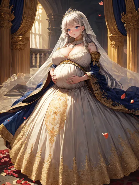 (masterpiece, best quality,extremely detailed:1.1),(moe anime art style:1.2),1girl,((full body,focus face)),((solo)), cute, kawaii,digital art,((1 bling-bling pregnant princess wearing beautiful embroidery and jeweled gorgeous rococo ballgown with jeweled ...