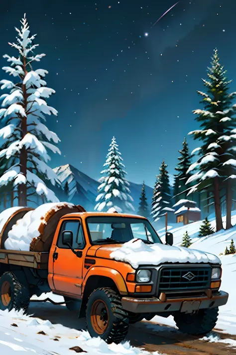 A painting of a winter landscape, pine trees, snow on ground, a rusty old broken down truck, scattering of truck parts, night time light, dark sky.