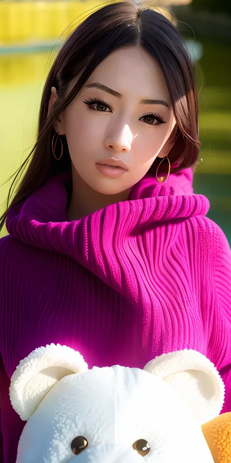 1girl walking on the river, mix4, sweater, pillow, lips, open_mouth, realistic, photo_\(medium\), solo, stuffed_animal, stuffed_...