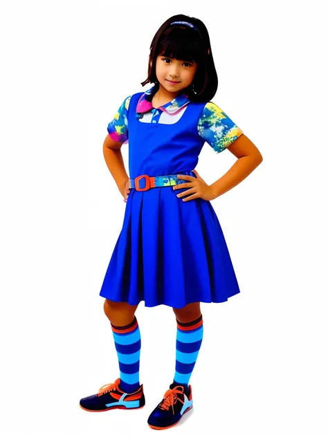 A girl1 14 yeas los wearing am uniform School, dark blue flared dress, watercolor shirt (hot pink, neon yellow, eletric Orange, white), pink belt), White socks, Black show, White background