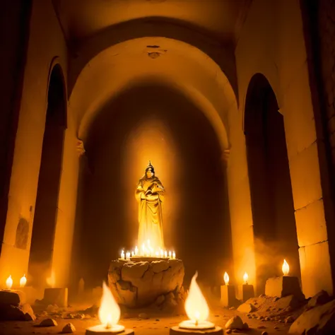 (extremadamente detallado, obra maestra, La mejor calidad, foto antigua, principios de siglo) esculturas religiosas dentre de una cueva iluminada por velas, lugar sucio, warm lights.