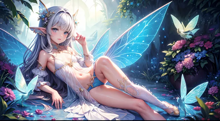 ( Absurd, High quality, ultra-detailed, masterpiece, concept art, smooth, highly detailed artwork, hyper-realistic painting ) , tiny little girl, cute, whole body, Romantic, Vivid, dreamy, fantasy, fairy wings, fantasy fairy city, enchanting glow, very det...