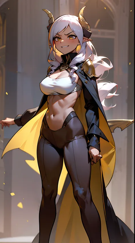 girl,tall,brown skin, hidden arms,long hair, white hair,curly hair, detailed pretty eyes, yellow eyes,(((villain, psycho,villain smile,psychopath,angry))), medium boobs, mid waist,show abdomen, medium thighs, gold armor outfit, long black stockings, detail...