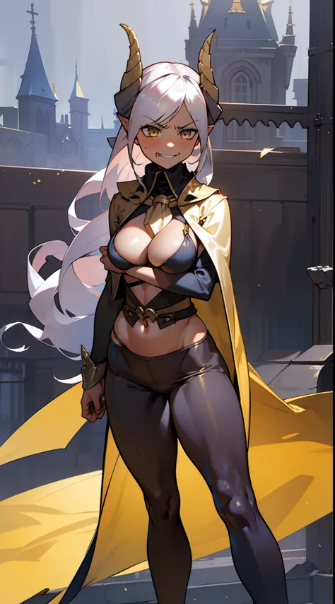 girl,tall,brown skin, hidden arms,long hair, white hair,curly hair, detailed pretty eyes, yellow eyes,(((villain, psycho,villain smile,psychopath,angry))), medium boobs, mid waist,show abdomen, medium thighs, gold armor outfit, long black stockings, detail...