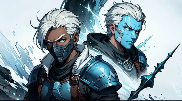 (dark-skinned man), teenager, simple armor with arcane symbols, short white hair, mage, ice, fantasy, ice effects, holding staff, ((wearing Sub-zero mask)), background of a frozen forest