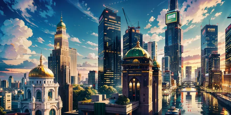 Tall buildings tower，Buildings，Golden Town Hall，Marble synagogue，chamber of commerce，super high-rise buildings，In the daytime，and the sun was shining brightly，Tall buildings tower，purpleish color，golden colored，Yellow-green hue city，No Man，Bustling metropo...