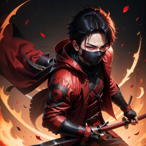 A boy red eye dark night red background oni mask with katana samurai style red jacket