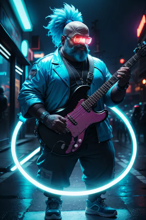 A futuristic version of Bleeding Gums Murphy from The Simpsons playing a drums made of blue neon light on a dark, rainy street in a cyberpunk town. Ao seu redor, hologramas de notas musicais flutuam e brilham suavemente, cartoon