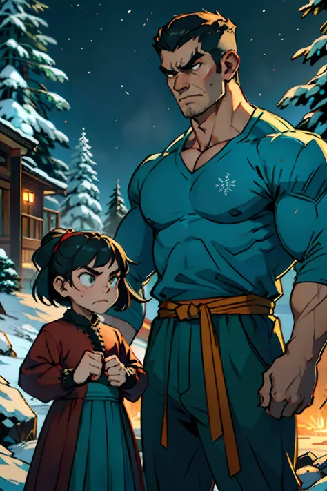 A mean angry family, standing in front of a house, husband, wife and child, frowning, making angry gestures, arms crossed, fists shaking, background is wintery pine forest at night, eerie light, mood is animosity, hostility, character design.