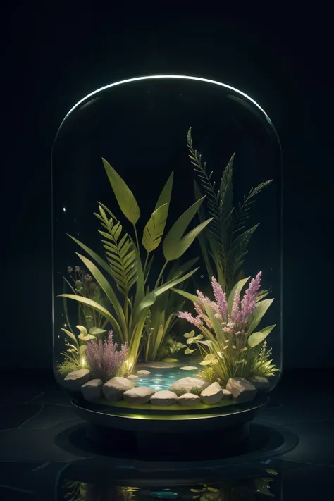 masterpiece of glass sculpture with plants inside, water, glowing, fantasy, high quality, high detail, best quality, rtx, 4k, 8k,