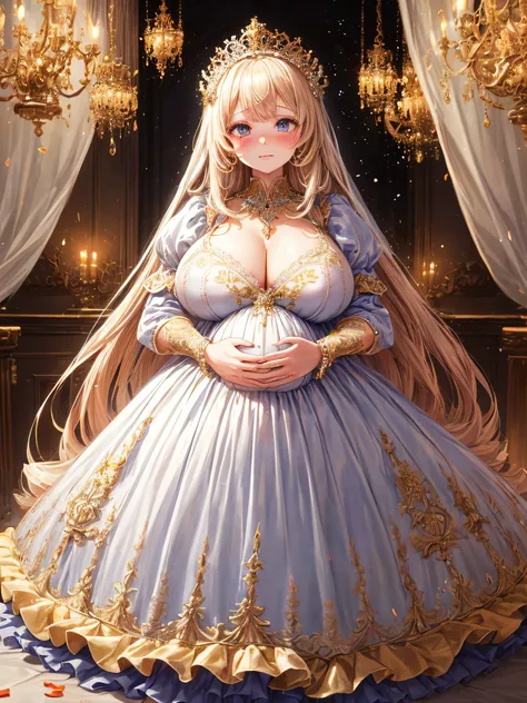 (masterpiece, best quality,extremely detailed:1.1),(moe anime art style:1.2),1girl,((full body,focus face)),((solo)), cute, kawaii,digital art,((1 bling-bling pregnant princess wearing beautiful embroidery and jeweled gorgeous rococo ballgown with jeweled ...