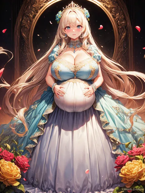 (masterpiece, best quality,extremely detailed:1.1),(moe anime art style:1.2),1girl,((full body,focus face)),((solo)), cute, kawaii,digital art,((1 bling-bling pregnant princess wearing beautiful embroidery and jeweled gorgeous rococo ballgown with jeweled ...