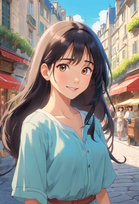 Masterpiece, superior quality, ultra-detailed, 8k drawing under CG unity, a woman looking directly at ther observer, summer subject, a charmed and happy look, in the city center of paris, smiling, with long black hair and cowboy style, naked