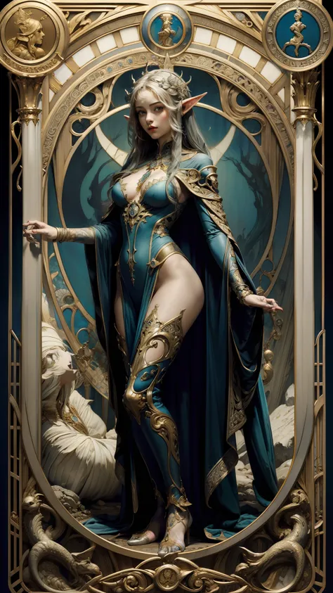 (Masterpiece, Best Quality, High res:1.4 tarot card of standing Elf woman), detailed face, full figure shot, insanely Detailed, Intricate Details, 4K, (Art Nouveau style), influence by John William Waterhouse and Alphons Mucha, NSFW