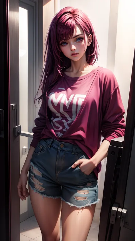 Beautiful women, 20 years old, baggy clothes, ((magenta color)), 8k, high quilty, realistic, beautiful realistic, Cool details, raw photo, Light and cool lighting, photo realistic, Cel shaded, Gel lighting, ultra details