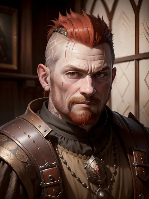 (realistic:1.3), finely detailed, quality, rembrandt lighting, (masterpiece:1.2), (photorealistic:1.2), (best quality), (detailed skin:1.3), (intricate details), ray tracing, gender: male, race: dwarf, red hair, long punk hairstyle, scar on face, brown eye...