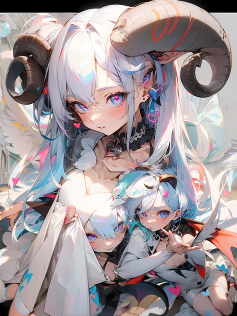 【Best Quality】1 Girl (Mature: 1.4) 130mm F1.4 Lens 1 Girl Solo Ears Heart Shaped Pupil Micro Dress Demon Girl Flat Chest Seen from Above Devil Wings Colored Hair Silver Hair Blue Hair Colorful Eyes