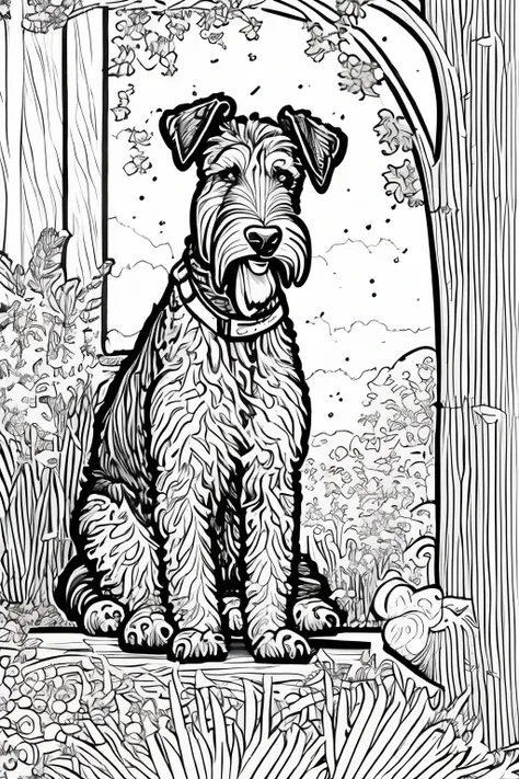 coloring book of an airedale terrier dog in a peasant town, estilo dos desenhos animados, linhas grossas, sem cor, fundo branco,...