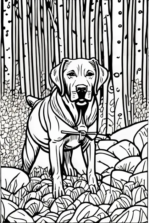 coloring book of a labrador dog in a forest, cartoon style, thick lines, no color, white background, only lines