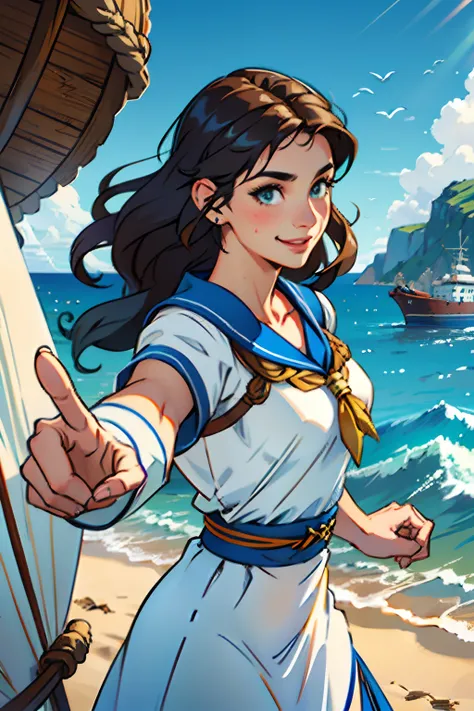 A woman who is a beautiful smiling Greek muse, pointing to a sailing ship on the horizon, background is ocean horizon, mood is inspirational, motivational, harmonious, revealing, daytime light, character design.