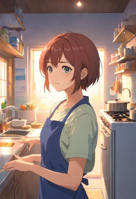 (Best quality,A high resolution,Masterpiece:1.2),(cinematic Film still from),(1girll),(An 18-year-old girl with red hair and yellow eyes:0.85),(A bust up close),(Wear aprons and plain clothes),(cheerfulness),(Soft warm lighting),(Old house inside:1.0),(a g...