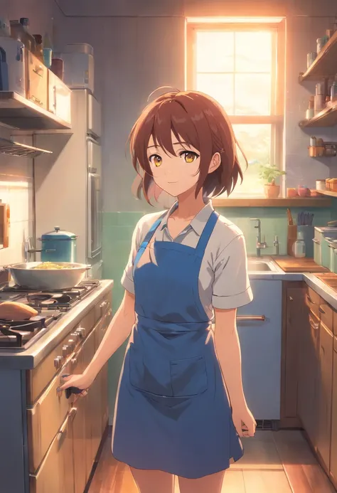 (Best quality,A high resolution,Masterpiece:1.2),(cinematic Film still from),(1girll),(An 18-year-old girl with red hair and yellow eyes:0.85),(A bust up close),(Wear aprons and plain clothes),(cheerfulness),(Soft warm lighting),(Old house inside:1.0),(a g...