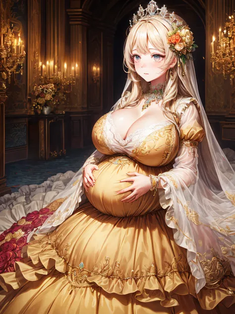 (masterpiece, best quality,extremely detailed:1.1),(moe anime art style:1.2),1girl,((full body,focus face)),((solo)), cute, kawaii,digital art,((1 bling-bling pregnant princess wearing beautiful embroidery and jeweled gorgeous rococo ballgown with jeweled ...