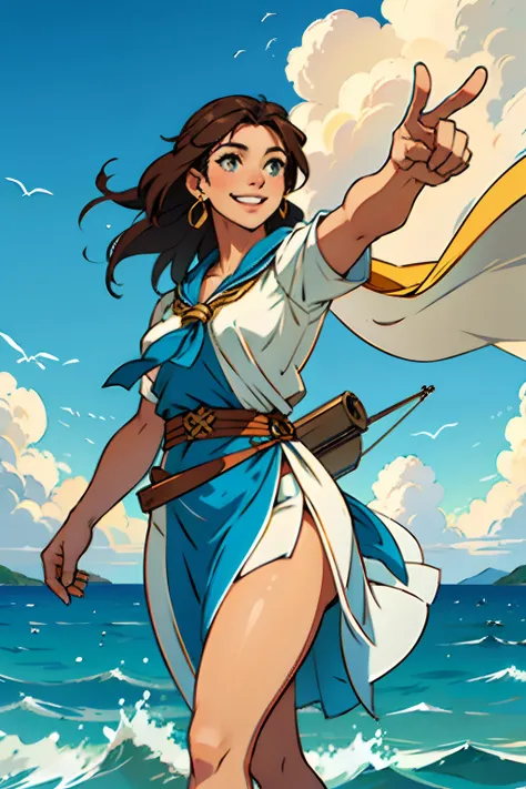 A woman who is a beautiful smiling Greek muse, pointing to a sailing ship on the horizon, background is ocean horizon, mood is inspirational, motivational, harmonious, revealing, daytime light, character design.