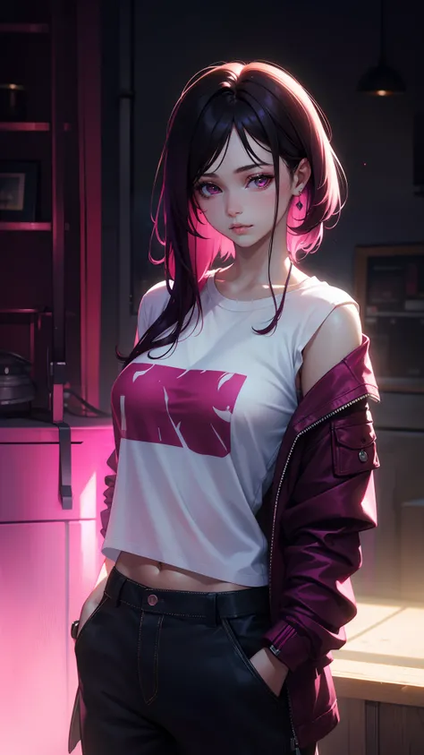 Beautiful women, 24 years old, baggy clothes, ((magenta color)), 8k, high quilty, realistic, beautiful realistic, Cool details, raw photo, Light and cool lighting, photo realistic, Cel shaded, Gel lighting, ultra details