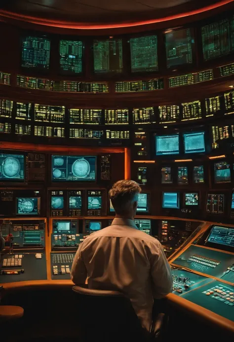 I am a person who has his back turned and what he sees in front of his eyes are many panels of a control room of a nuclear power plant