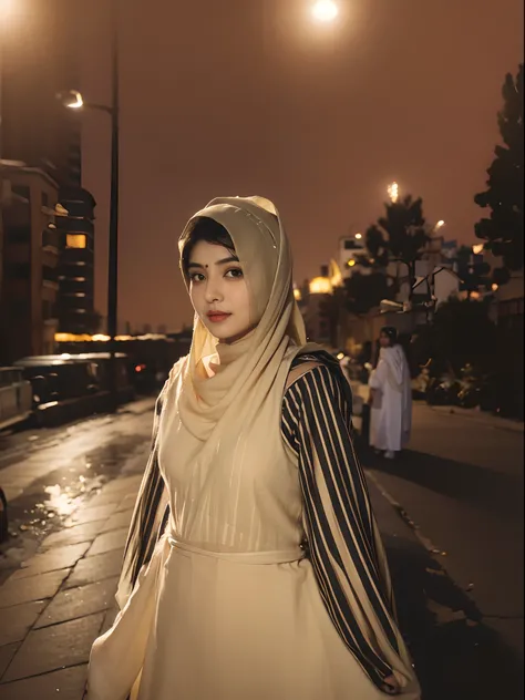 (((desi girl))), chubby face, natural skin, wearing hot deep neck top and dupatta, charming black hair, ((hair ends are blonde)), city streets background, bokeh