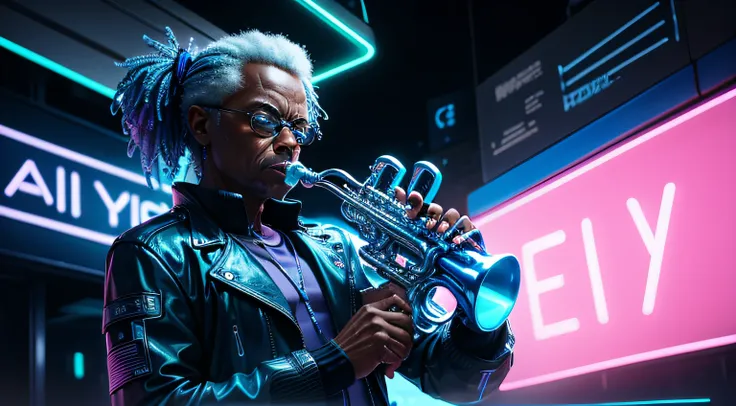 A futuristic version of an elderly Miles Davis playing a trumpet made of blue neon light, a saxophone made of blue neon light, a double bass made of blue neon light, a trumpet made of blue neon light on a dark, rainy street in a cyberpunk city. All around ...