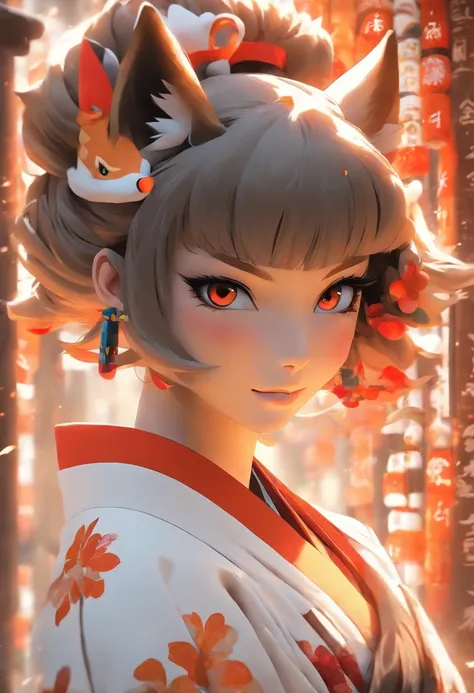 wolf girl with a white kimono, with some orange, red and blue details in it. Her kimono exposes her shoulders and her vibe resembles a kitsune, with some red makeup in the face. She have a brown hair with a bob haircut.