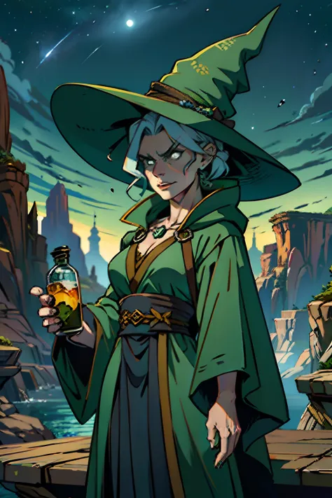 A woman who is an ugly old green witch, with dark robe and pointy hat, evil and angry looking, standing behind a table, mixing a deadly potion, background is a canyon with dark night sky, mood is fractious, recalcitrant, aggravating, agitating, night time ...