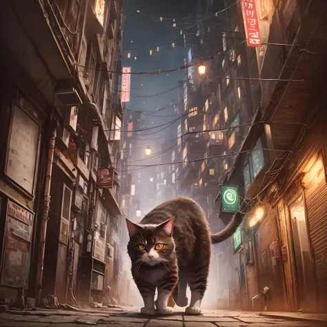 an image of a robotic cat crawling through an alley in a poor-looking cyberpunk city, night --auto --s2