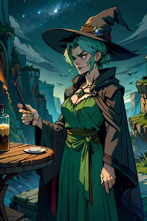 A woman who is an ugly old green witch, with dark robe and pointy hat, evil and angry looking, standing behind a table, mixing a deadly potion, background is a canyon with dark night sky, mood is fractious, recalcitrant, aggravating, agitating, night time ...