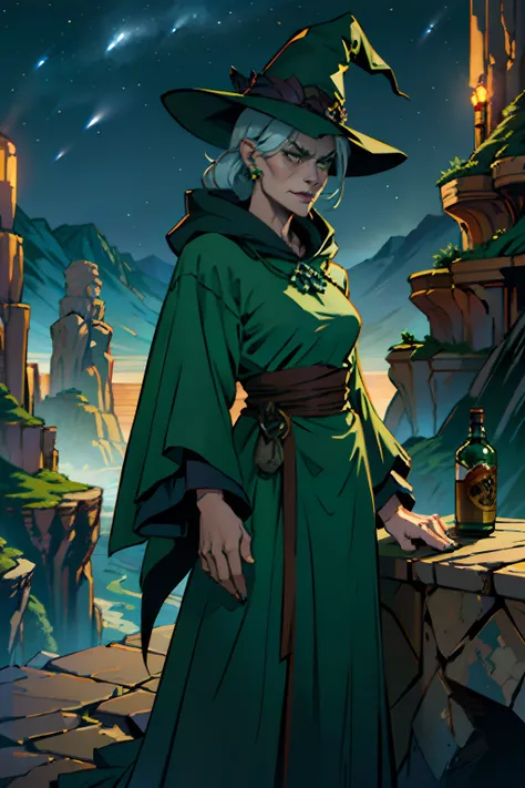 A woman who is an ugly old green witch, with dark robe and pointy hat, evil and angry looking, standing behind a table, mixing a deadly potion, background is a canyon with dark night sky, mood is fractious, recalcitrant, aggravating, agitating, night time ...