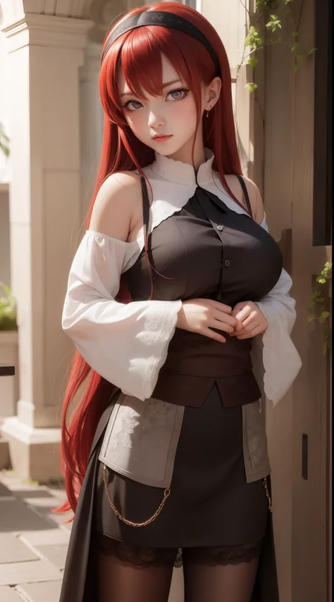 erisgreyrat, eris greyrat, ahoge, hair between eyes, long hair, (red eyes:1.5), red hair, sidelocks, (huge breast:1.2),
BREAK black hairband, black ribbon, brown skirt, hairband, long sleeves, neck ribbon, pantyhose, ribbon, shirt, shoulder cutout, skirt, ...