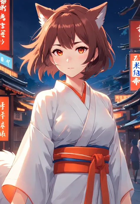 wolf girl with a white kimono, with some orange, red and blue details in it. Her kimono exposes her shoulders and her vibe resembles a kitsune, with some red makeup in the face. She have a brown hair with a bob haircut.