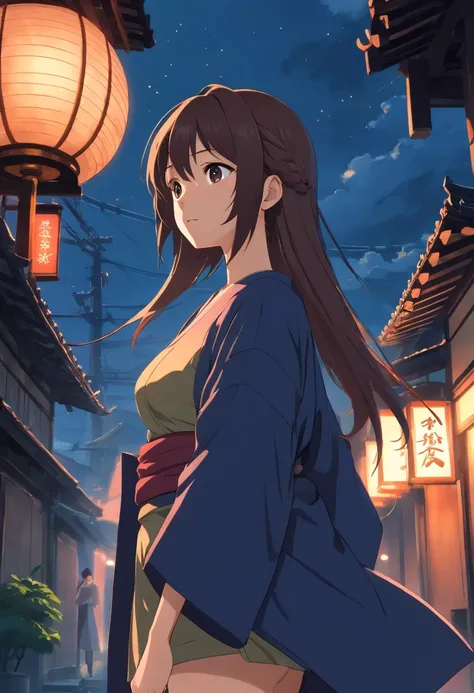 (Ancient Japan:1.0),(Best quality,A high resolution,Masterpiece:1.2),(cinematic Film still from),(Dark atmosphere:1.2),Solo,(1girll),(An 18-year-old girl with semi-long hair and big breasts:1.2),(up-close),(The upper part of the body),(Wearing black night ...