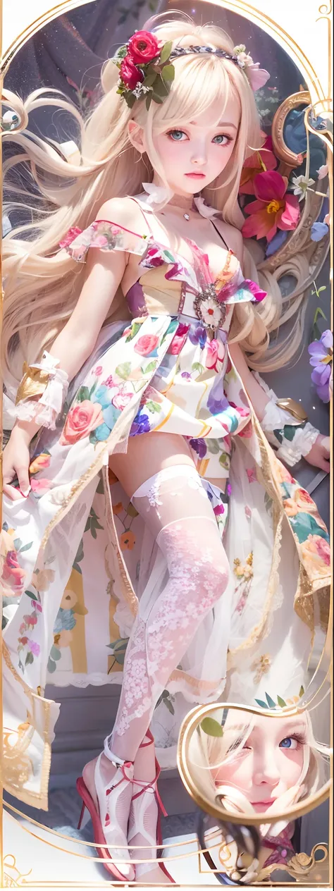 （Detailed eyes,Long eyelashes,Bright and colorful iris,Expressive eyebrows,Blend eyeshadow perfectly,Eyes sparkle,Reflective eyeballs），（Blonde 1。3 Lots of hair1。3 Delicate hair 1。2）,（Clear stockings with floral motifs：1.4，）,Red sexy openwork lace dress，Clo...