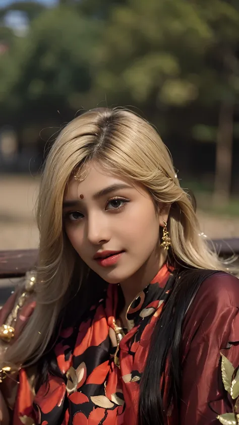 (((desi girl))), chubby face, natural skin, wearing bhue bridal saree, charming black hair, ((hair ends are blonde)), greenary village background, bokeh