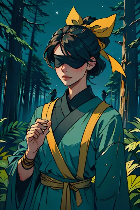 A woman, wearing a blindfold, wrapped in ribbons, with black birds flying, background is dark pine forest, mood is constricting, confining, despondent, night light, character design.