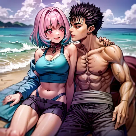 masterpiece, best quality, 1girl, riamu, blue shirt, pleated skirt, solo, simple background, bikini, beach, riamu and guts, husband and wife, couple happy in a beach, , purple hair,1boy, sitting in couple, affection, love,relationship, lovey dovey, happy, ...