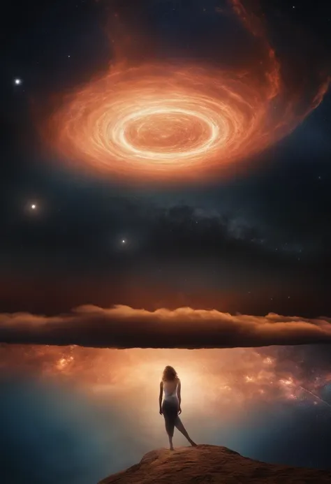 Portal, Cosmic dust and interstellar matter，The silhouette of the human body formed by molecular clouds and gas clouds，realismo ultrarrealista，incredible，espetacular，magical scenes，Estrelas cintilantes azuis e cor de rosa，Morning Star in the sky , Surreali...