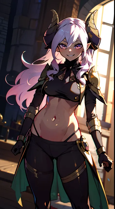 girl,brown skin, hidden arms,long hair, white hair,curly hair, detailed pretty eyes, yellow eyes,(((villain, psycho,  villain smile, psychopath, ))), medium boobs, mid waist,show belly, medium thighs, gold armor outfit, long black stockings, detailed cloth...