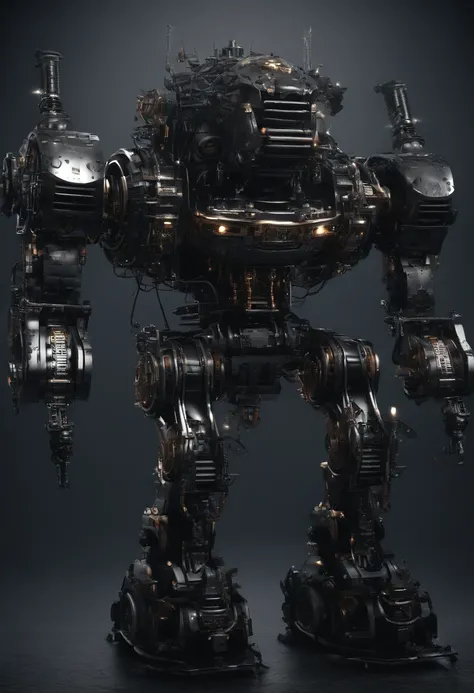 (Dark atmosphere:1.3)，(steampunc:1.2)，Front view，Retro，Dinosaur-like form，large tall，Majesty，illusory engine, High detail, Huge arms，Huge teeth